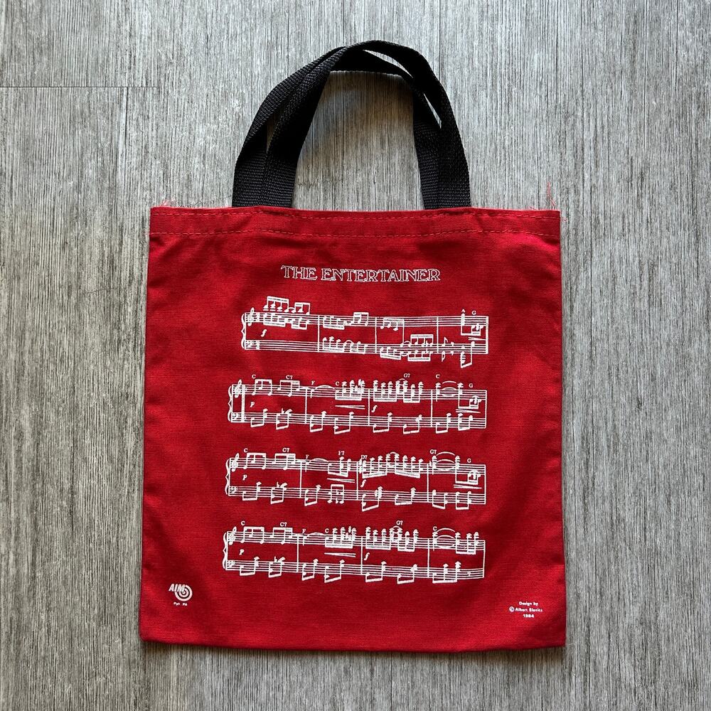 Red “The Entertainer” Music Notes Song Piano Canvas Bag Black Straps 13x13.5”